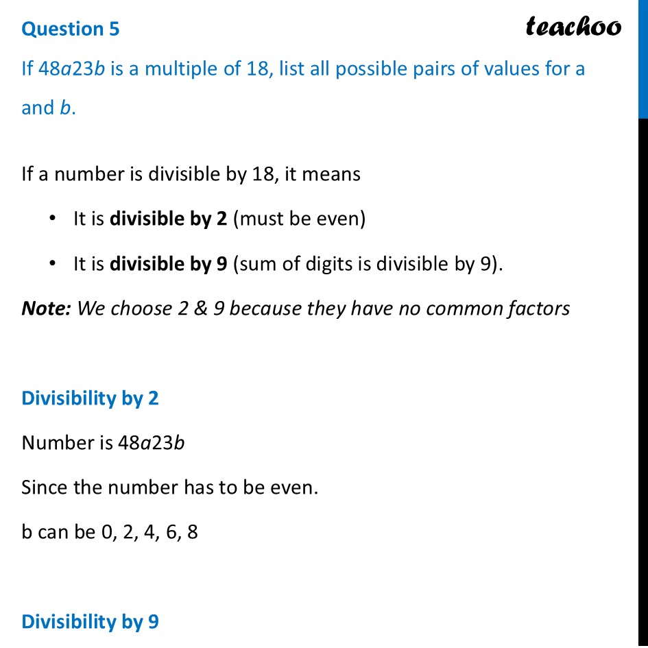 If 48a23b is a multiple of 18, list all possible pairs of values for a - Figure it out - Page 132, 133, 134