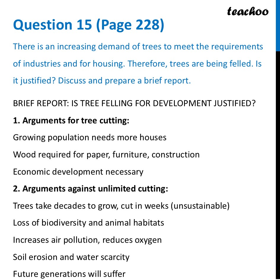 There is an increasing demand of trees to meet the requirements - Questions at the end of chapter (Page 227,228 & 229)