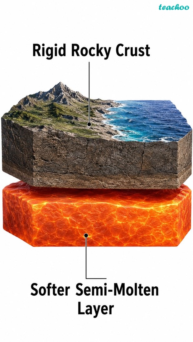 A single tectonic plate shown as a rigid slab of lithosphere resting on the softer asthenosphere; no text.