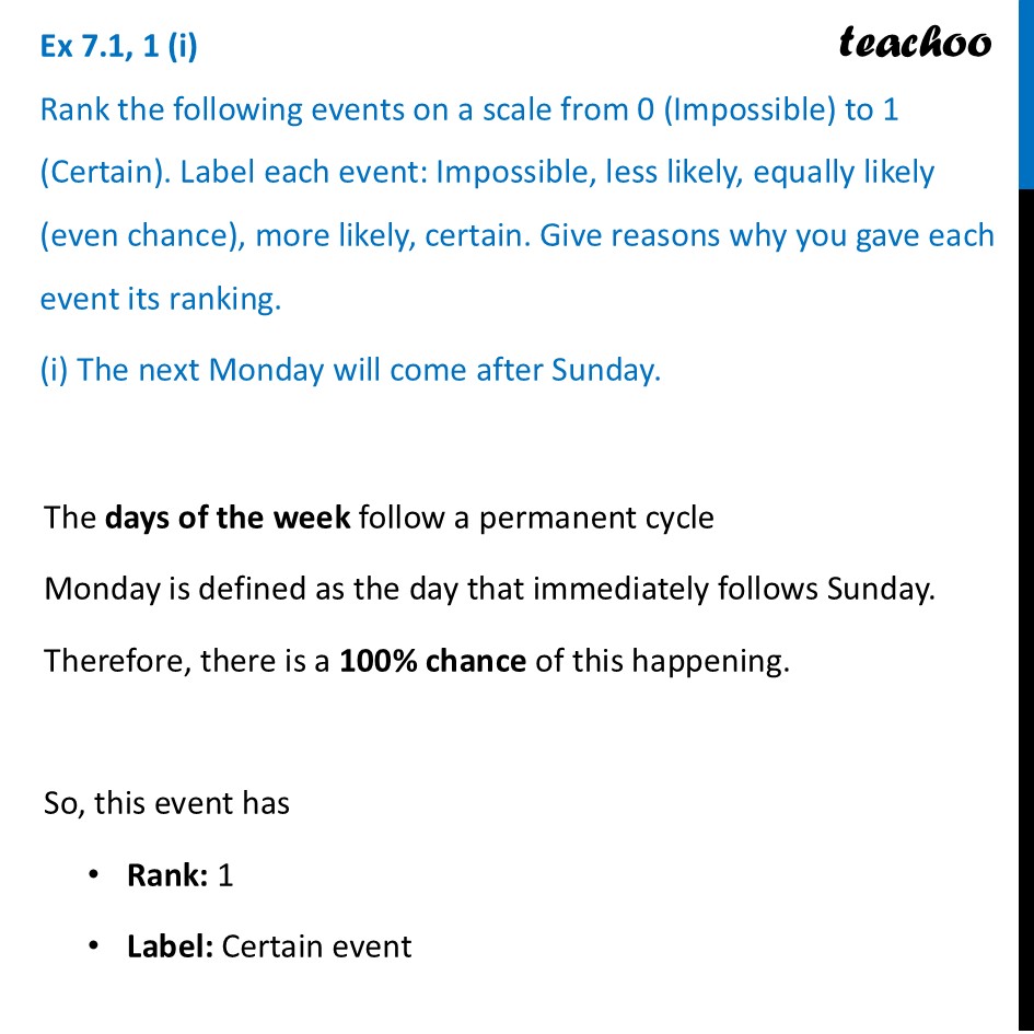 Rank the following events on a scale from 0 (Impossible) to 1 (Certain - Exercise Set 7.1