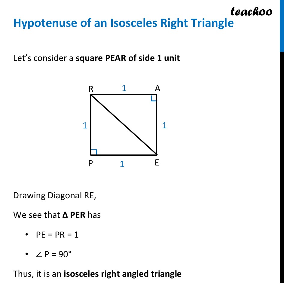 Hypotenuse of an Isosceles Right Triangle - Exampple and Worksheet - Hypotenuse of an Isosceles Right Triangle
