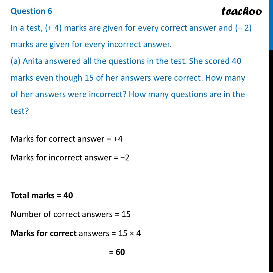 In a test, (+ 4) marks are given for every correct answer and (– 2) - Figure it out - Page 42, 43, 44