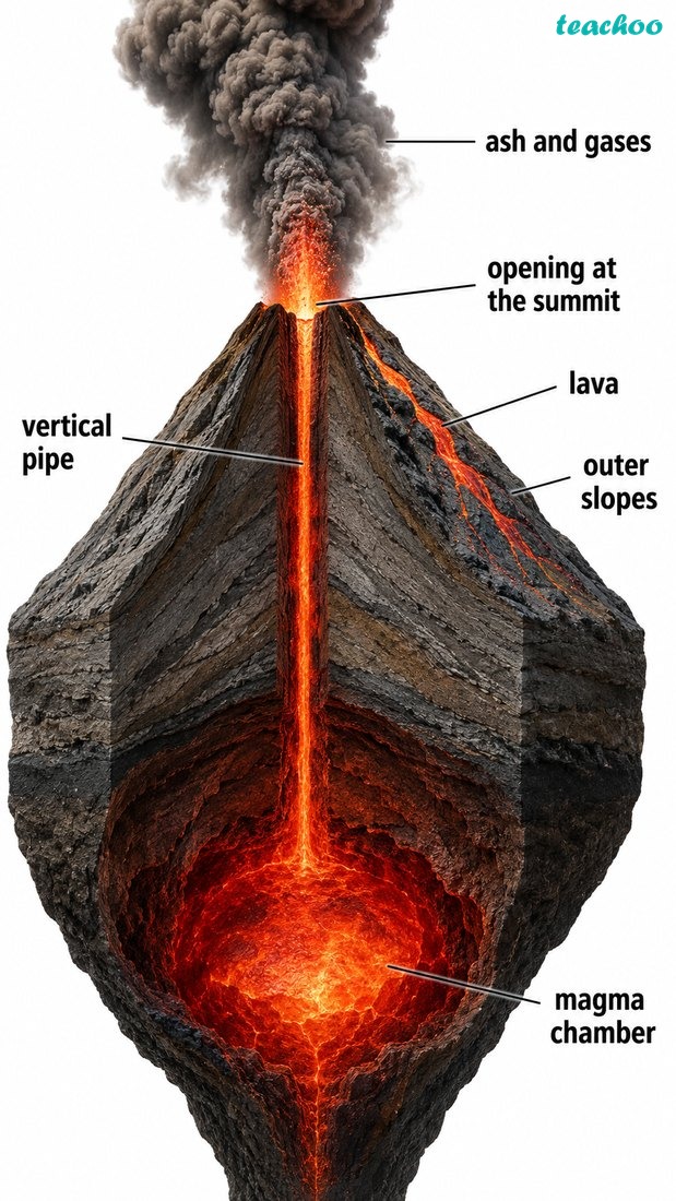 What is a volcano? A clean cross-section of a volcano showing magma chamber, vent, lava, ash and gases; no text.