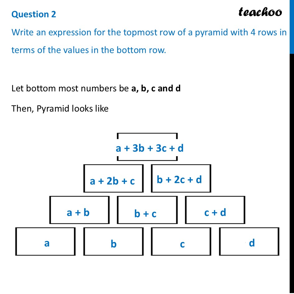 Write an expression for the topmost row of a pyramid with 4 rows in - Figure it out - Page 140