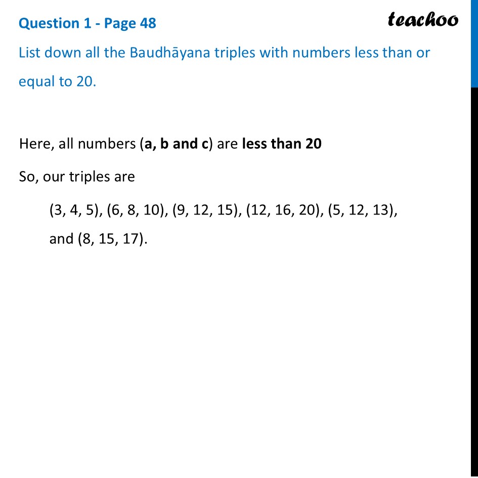 List down all the Baudhāyana triples with numbers less than or equal - Pythagorean triples
