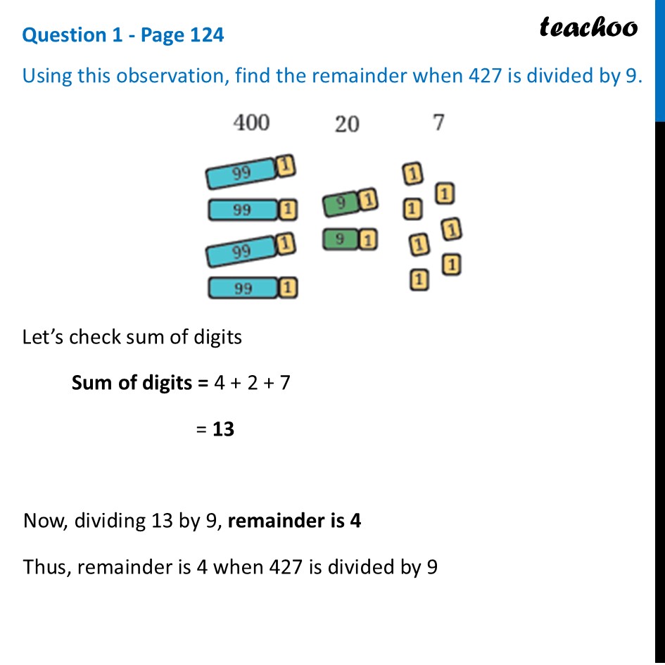 Using this observation, find the remainder when 427 is divided by 9 - Shortcut for Divisibility by 9