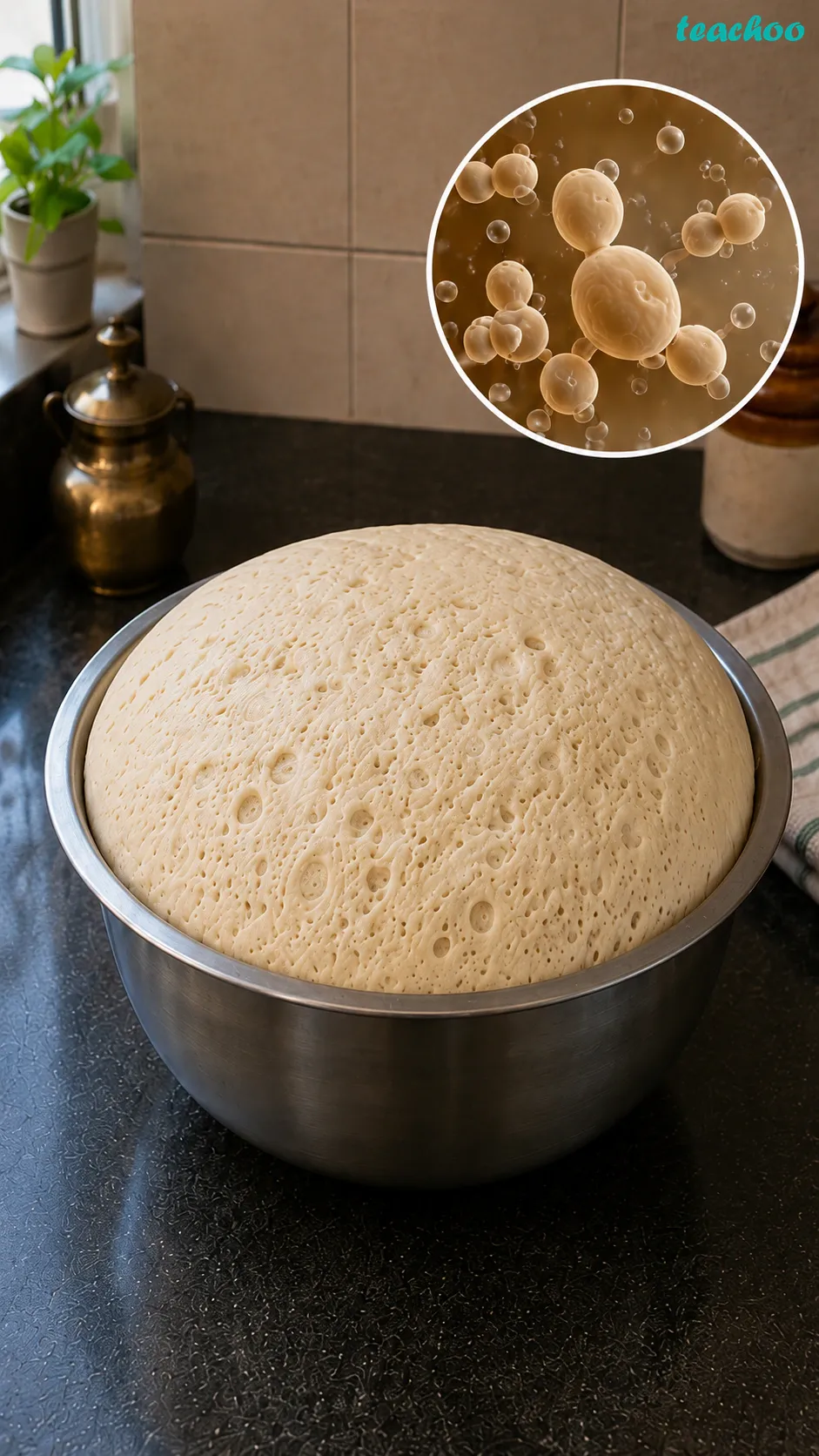 Image: A bowl of dough that has risen and turned fluffy because of yeast, with gas bubbles inside, next to flat dough without yeast