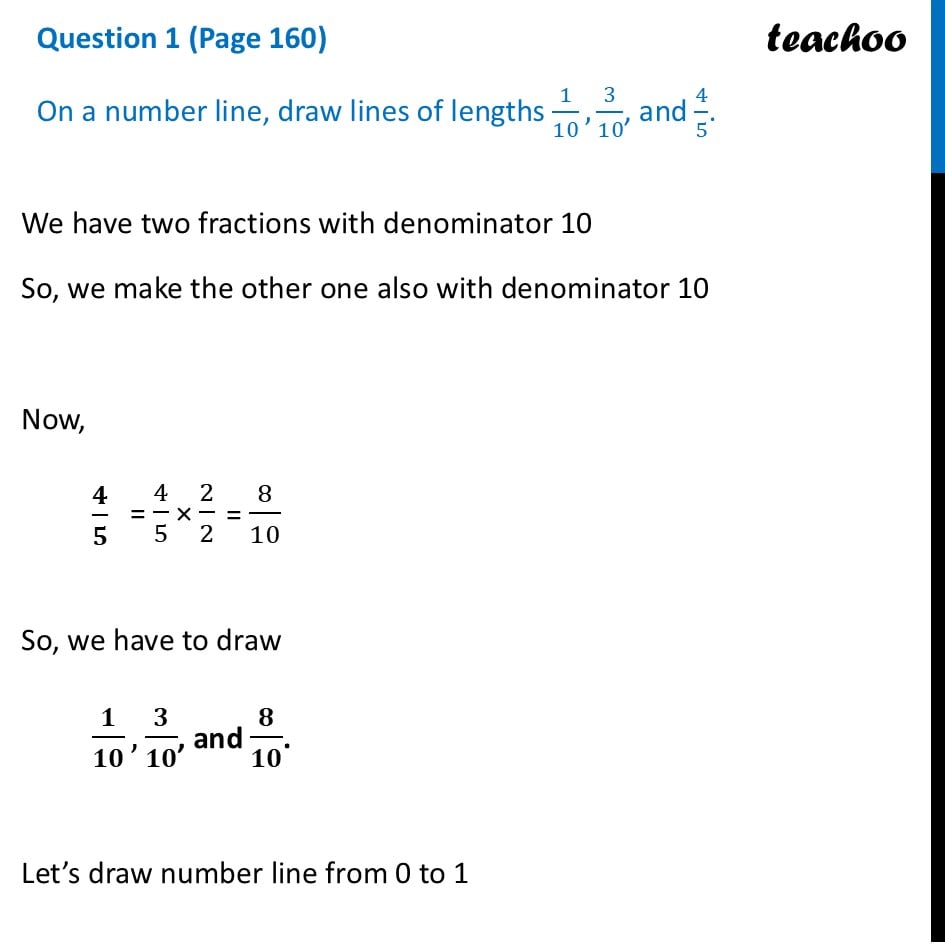 On a number line, draw lines of lengths 1/10 , 3/10 , and 4/5. - Fractions on the Number Line