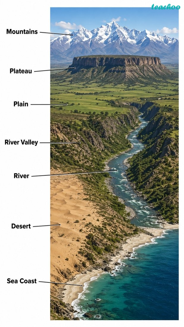 Wide educational landscape showing the Earth’s surface with mountains, plateau, plain, valley, river, desert and coast together; no text or labels.