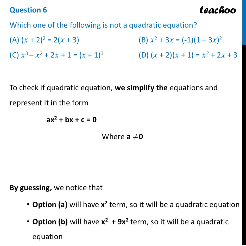 [Sample Paper Class 10] Which one is not a quadratic equation? (A) - CBSE Class 10 Sample Paper for 2026 Boards - Maths Standard