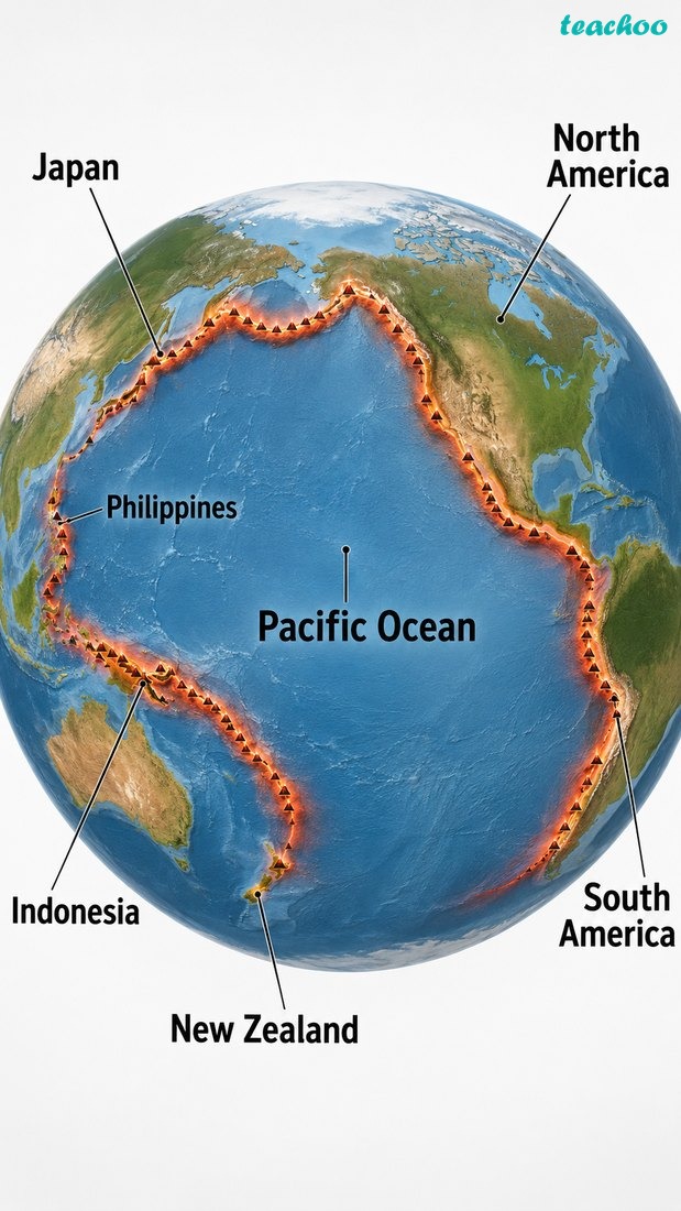 Pacific-centred map of the Ring of Fire, showing the horseshoe-shaped volcanic and earthquake belt around the Pacific Ocean.