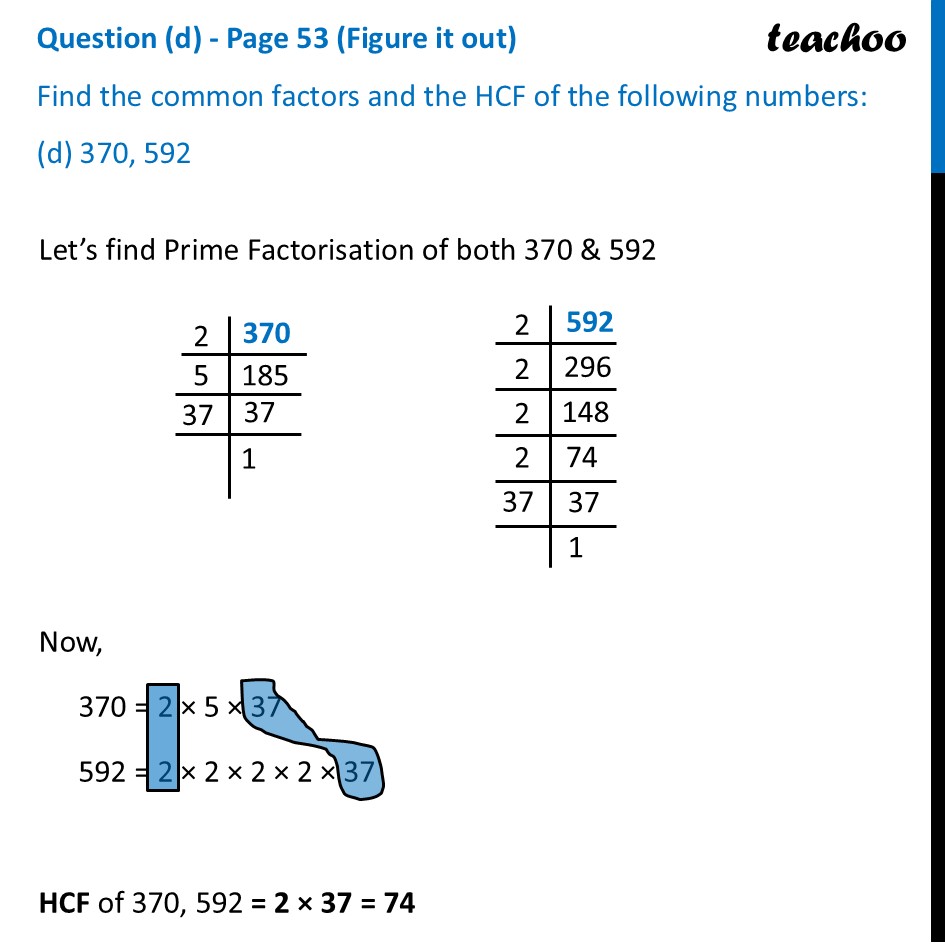Find the common factors and the HCF of 370, 592 - Ganita Prakash - Finding HCF using Prime Factorisation