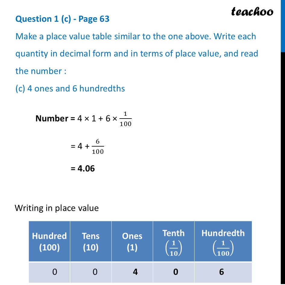 Make a place value table similar - (c) 4 ones and 6 hundredths - Reading and Writing Decimals