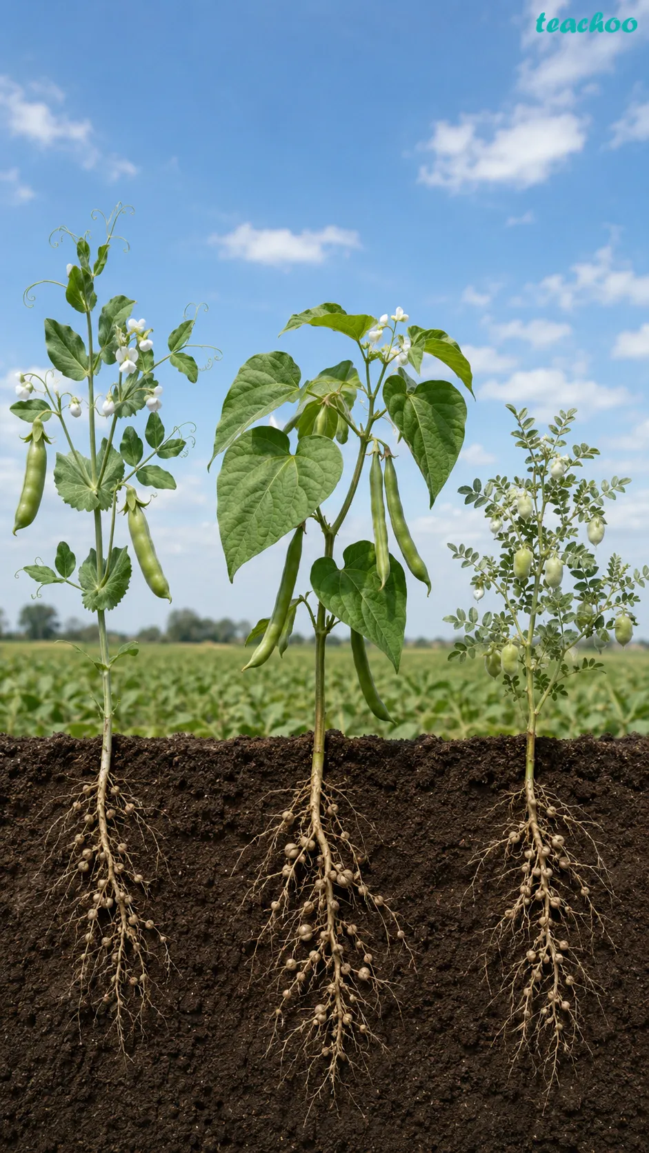 Image: Legume plants with their seeds growing inside pods - pea pods, bean pods, and gram - shown with their roots bearing small round nodules