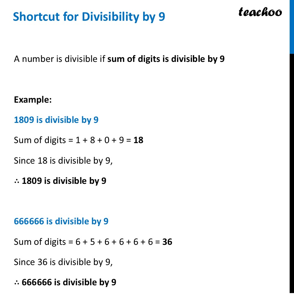 Shortcut for Divisibility by 9 - with Examples - Teachoo - Shortcut for Divisibility by 9