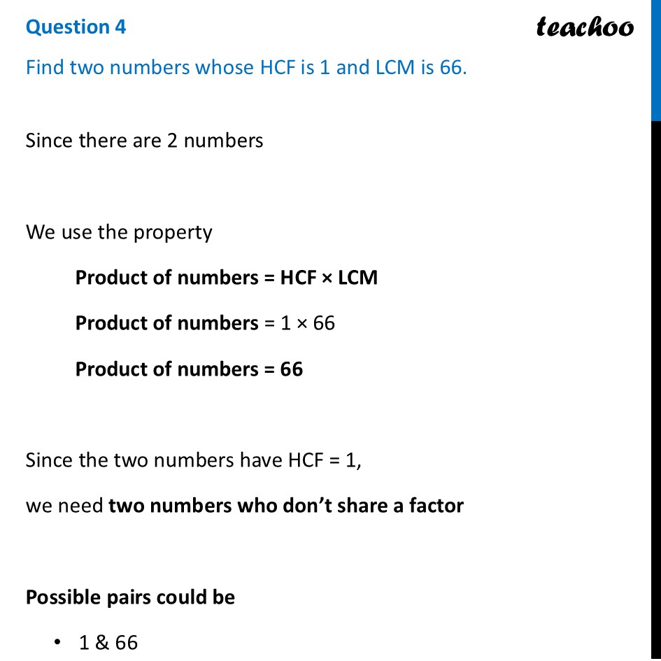 Find two numbers whose HCF is 1 and LCM is 66 [Class 7 Ganita Prakash] - Figure it out - Page 63, 64