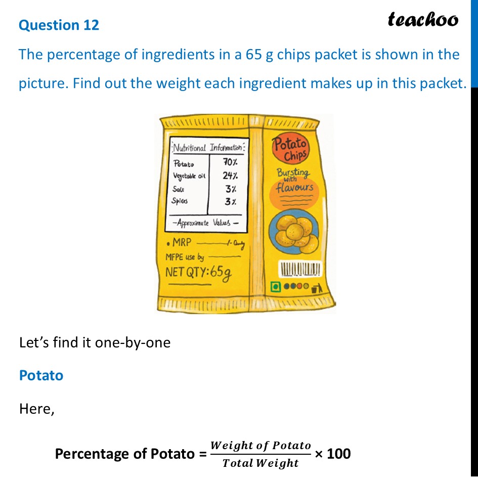 The percentage of ingredients in a 65 g chips packet is shown in - Figure it out - Page 28, 29, 30