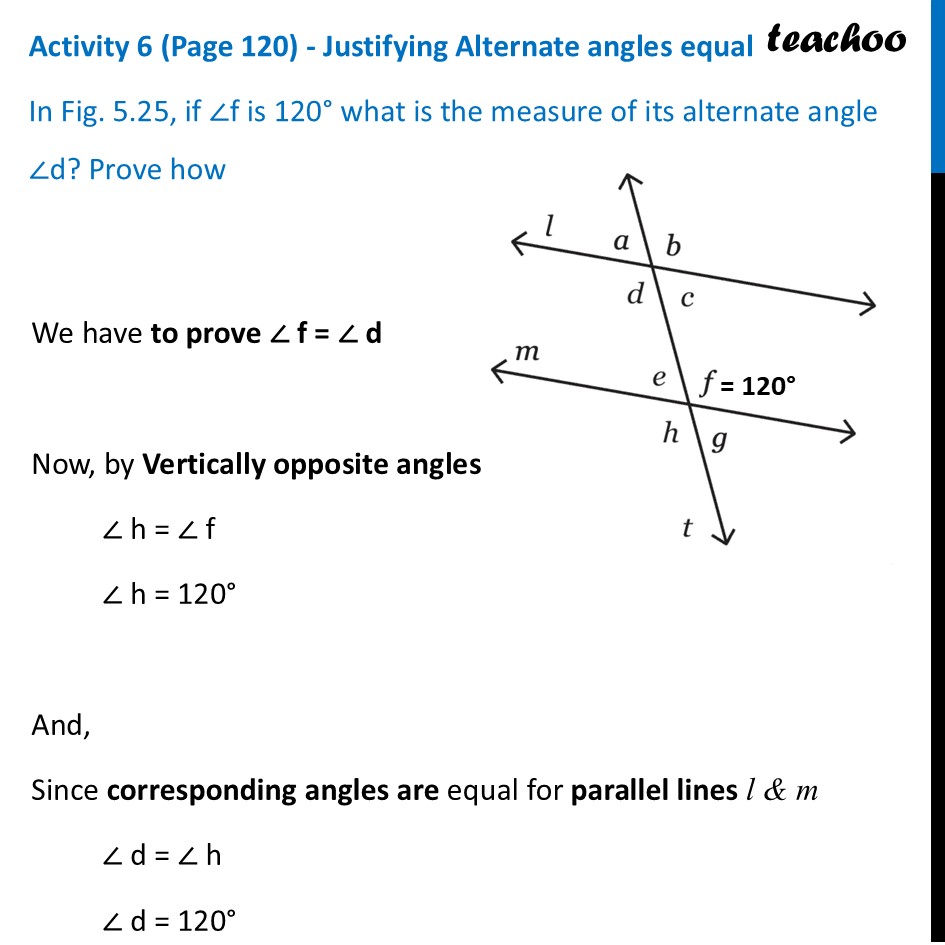 Activity 6 (Page 120) - Class 7 - Parallel and Intersecting Lines - Alternate Angles