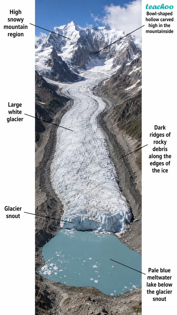 Fig. 2.17 — Glacial landforms shown in a snowy mountain setting.
