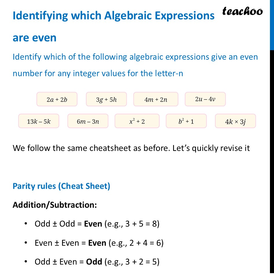 Identifying which Algebraic Expressions are even [with Examples] - Parity of Arithmetic & Algebraic Expressions