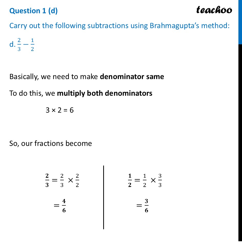 Brahmagupta Method to Subtract Fractions 2/3 – 1/2 - Class 6 Maths - Figure it out - Page 182