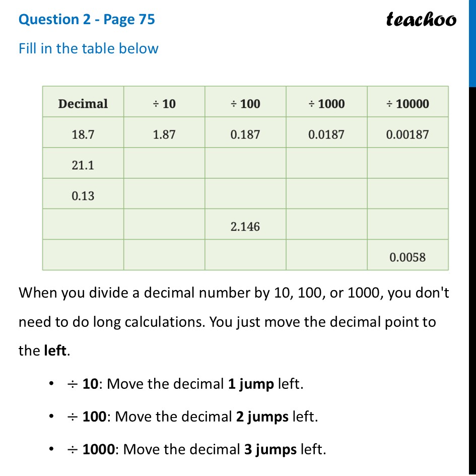 [Maths] Fill in the table below: Decimal /10, /100, /1000, /10000, - Decimal Division