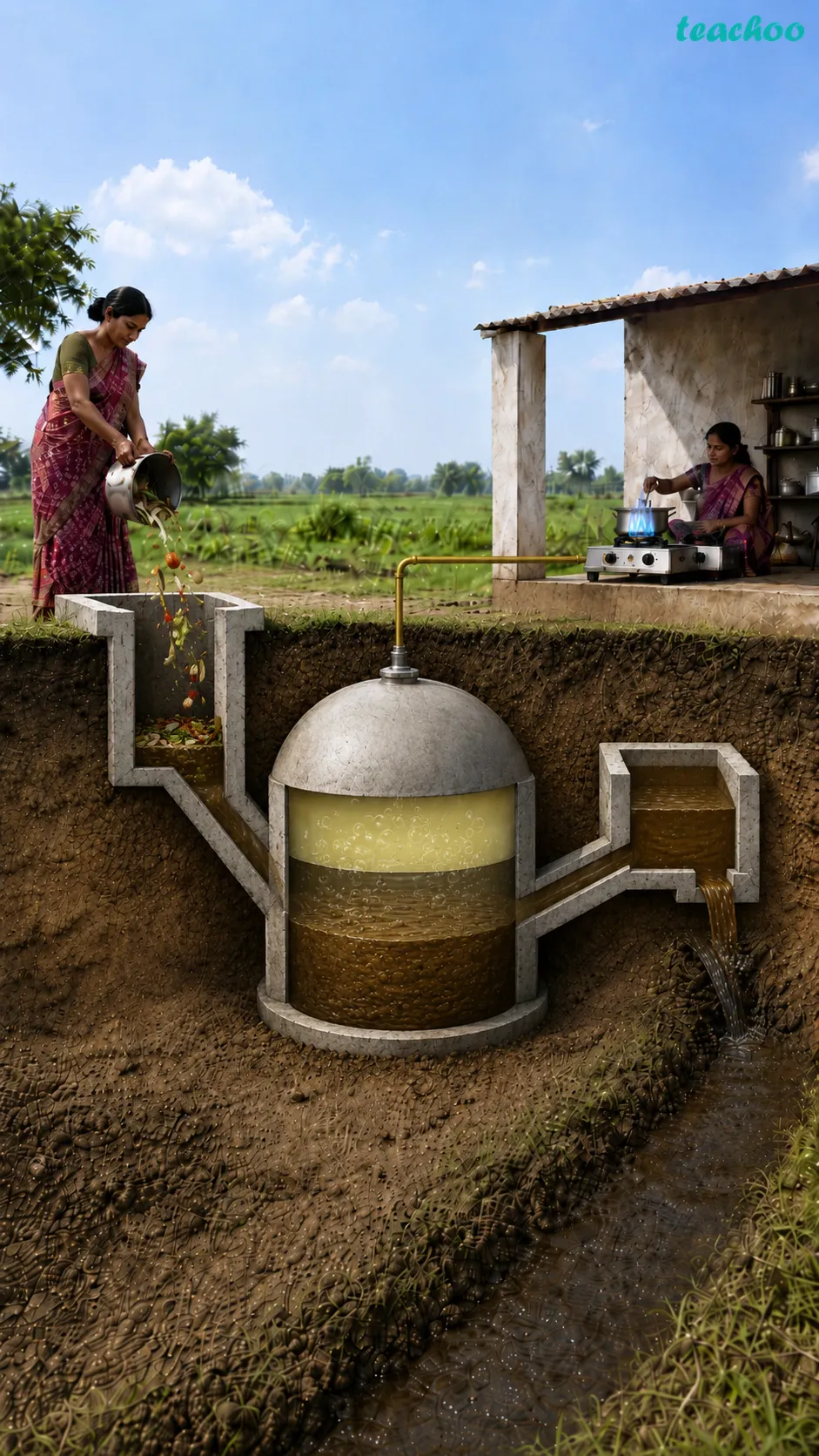 Image: A rural biogas plant with a domed digester connected to a cattle shed, turning cow dung and farm waste into clean cooking gas for a village home