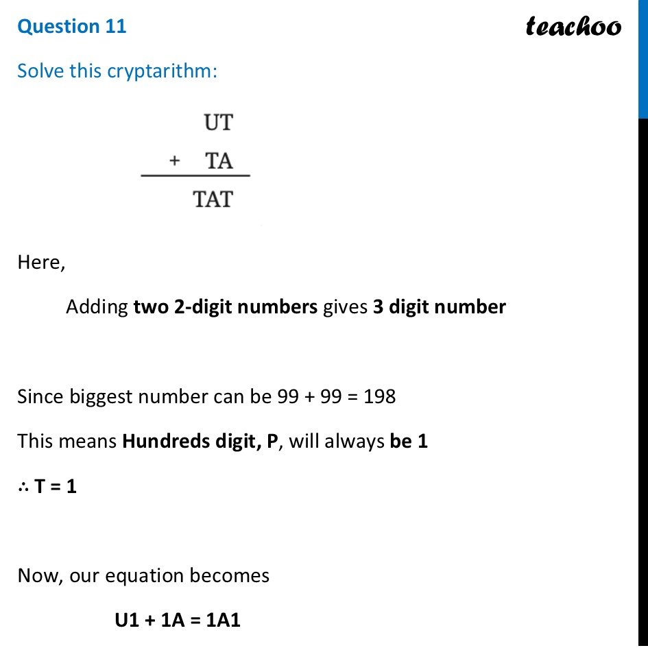[Class 7] Solve this cryptarithm: UT + TA = TAT (Detailed answer) - Figure it out - Page 143, 144