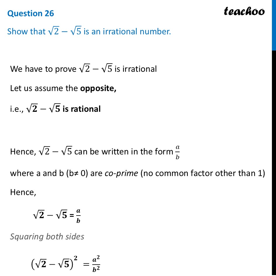 [SQP Class 10] Show that &radic;2&minus;&radic;5 is an irrational number - Maths Basic - CBSE Class 10 Sample Paper for 2026 Boards - Maths Basic
