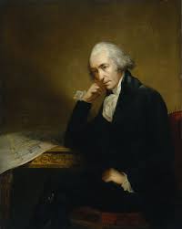 Portrait illustration of James Watt, drawn in the flat classroom style of the chapter. A friendly head-and-shoulders portrait of Watt in 18th-century dress, beside him a small steam engine with a rotating wheel and a puff of steam. Label the portrait "James Watt" and the engine "efficient steam engine". Keep every label inside the frame.
