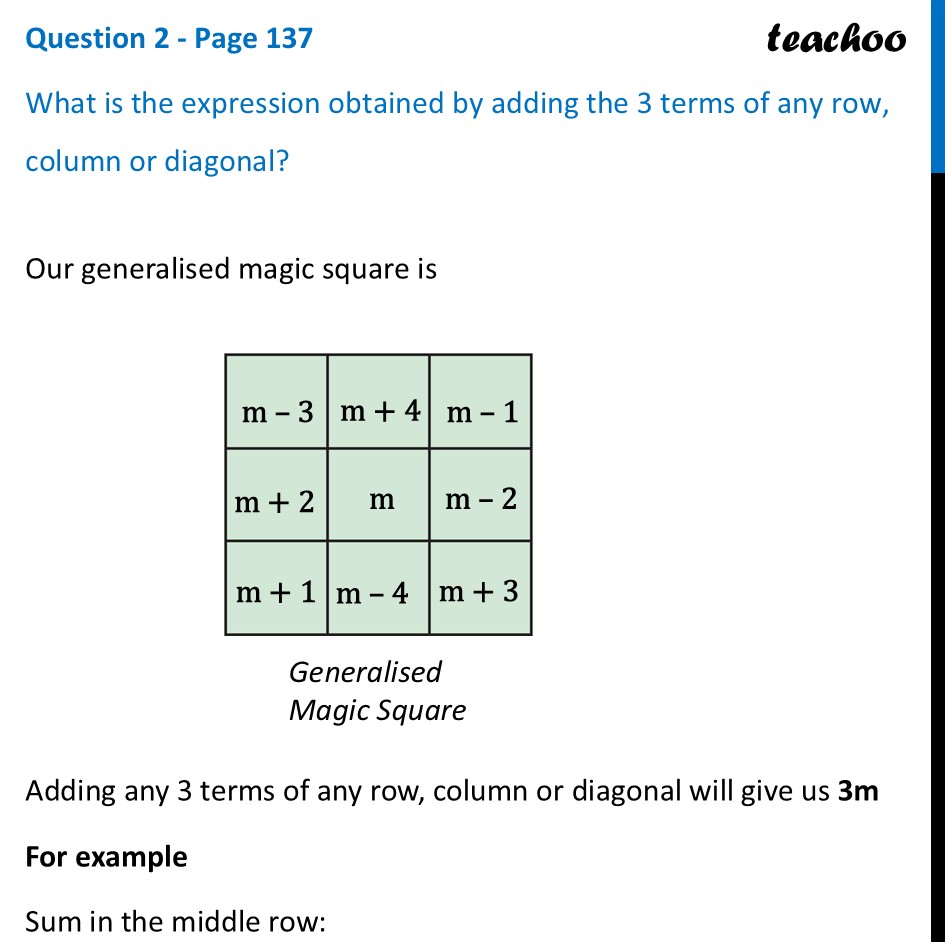 What is the expression obtained by adding the 3 terms of any row - Generalising 3 × 3 Magic Square