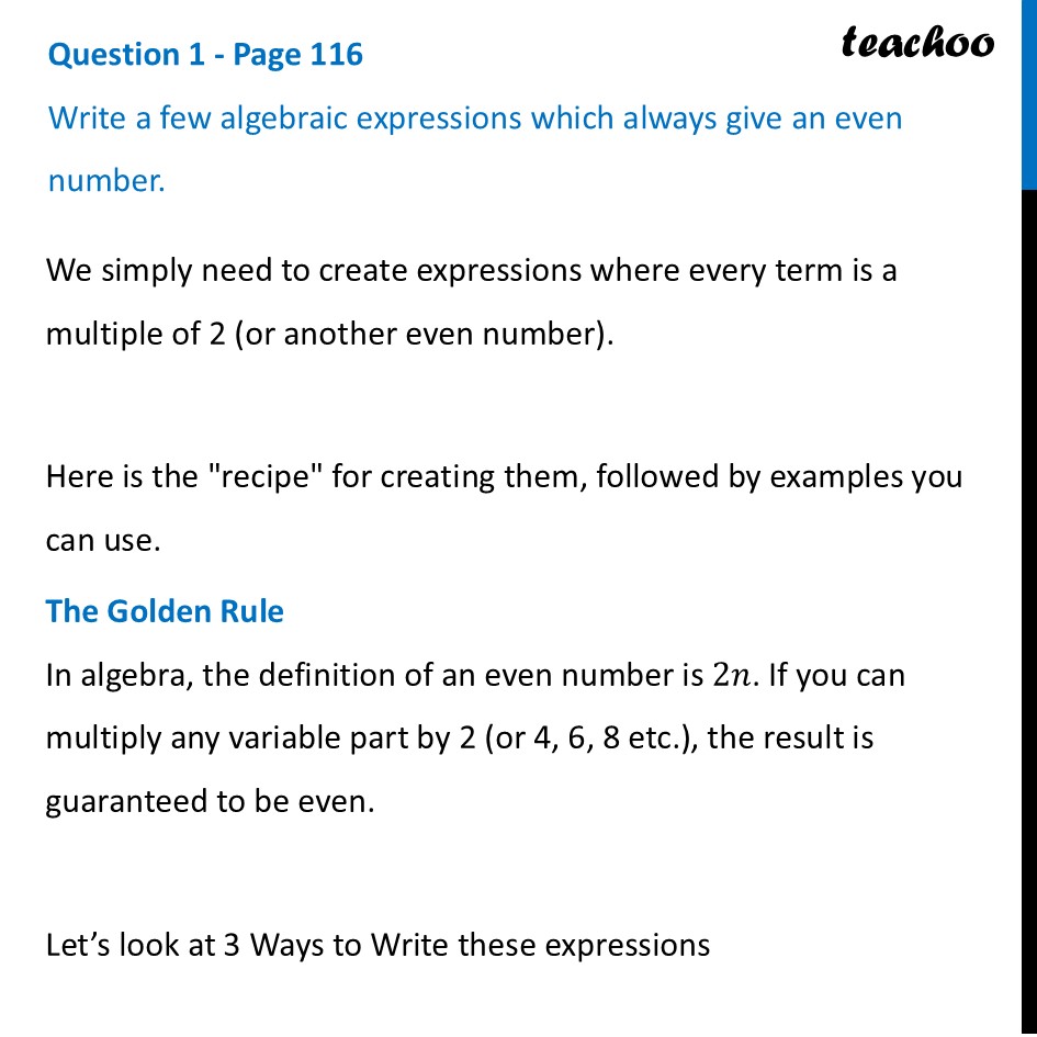 Write a few algebraic expressions which always give an even number - Parity of Arithmetic & Algebraic Expressions