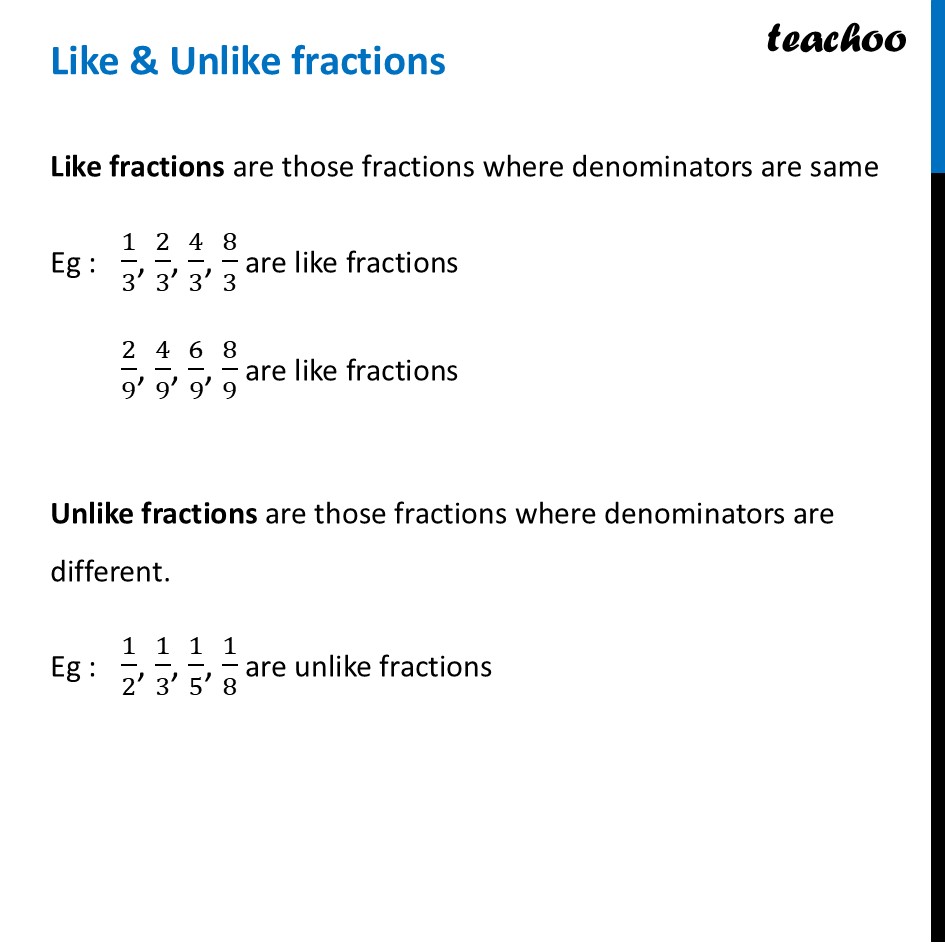 [Class 6 Ganita Prakash] Like & Unlike Fractions Explained - Teachoo - Comparing Fractions
