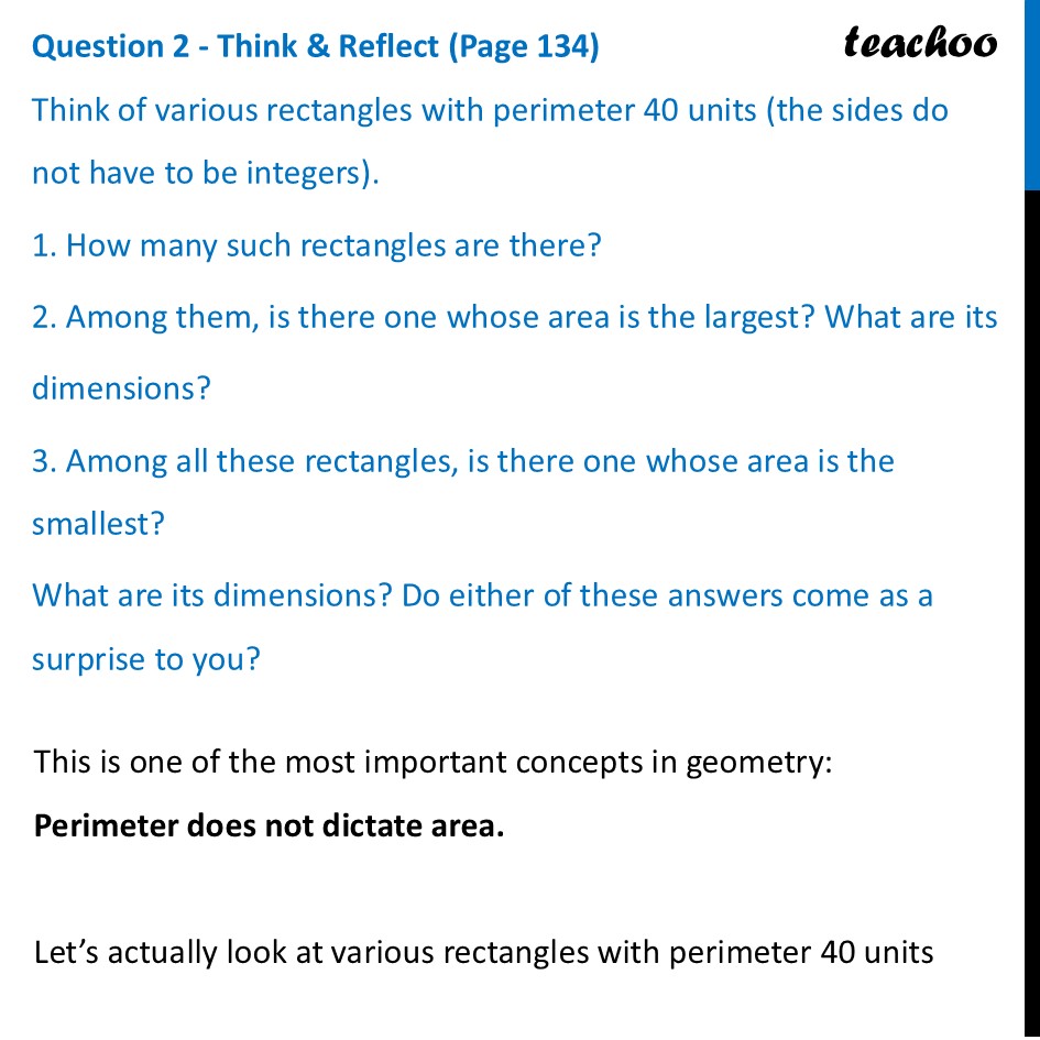 Think of various rectangles with perimeter 40 units (the sides do not - Area of a Triangle