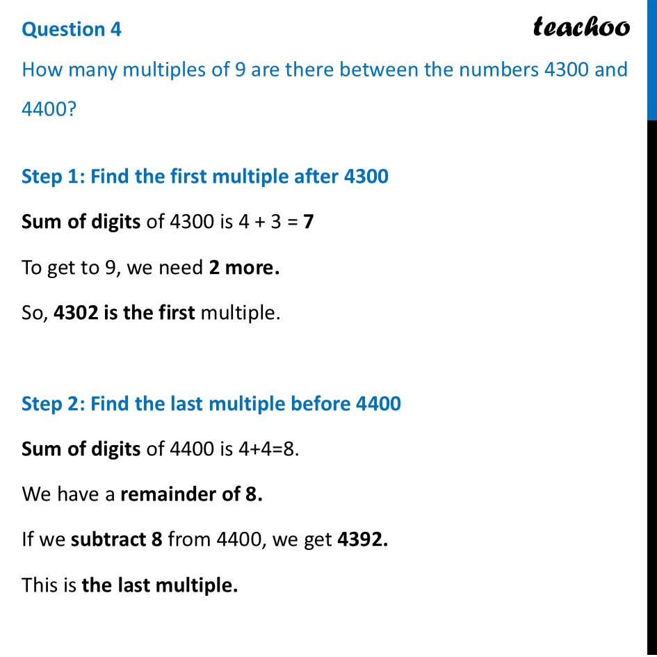 How many multiples of 9 are there between the numbers 4300 and 4400? - Figure it out - Page 126