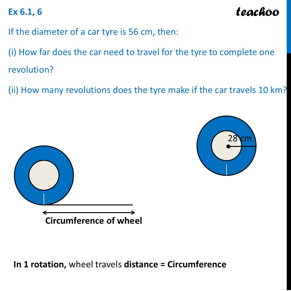 If the diameter of a car tyre is 56 cm, then: (i) How far does the car - Exercise Set 6.1