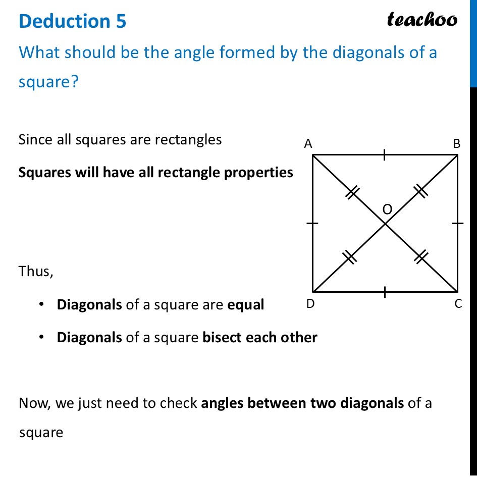 Deduction 5 - What should be the angle formed by diagonals? [Class 8] - Square