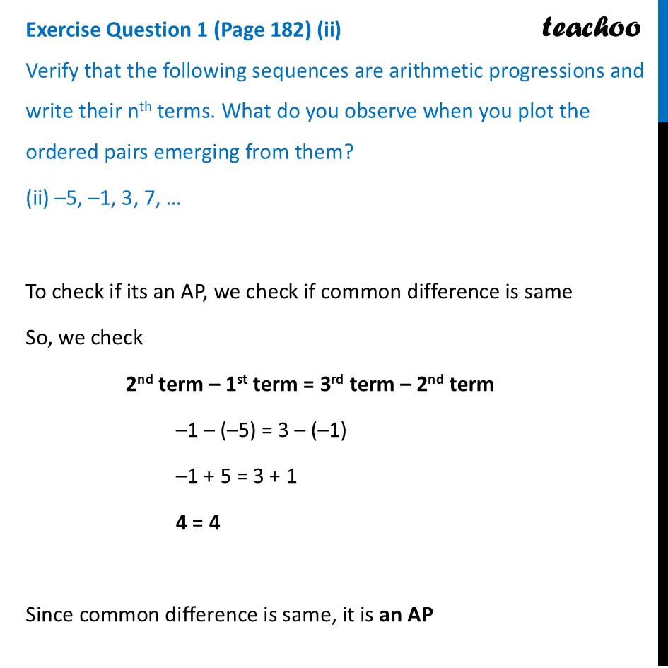 part 3 - Exercise Question 1 (Page 182) - Visualising an AP - Chapter 8 - Predicting What Comes Next: Exploring Sequences & Progress - Maths Class 9