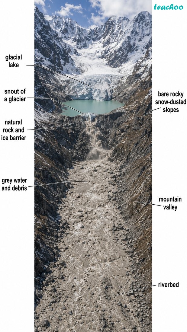 Fig. 2.29 — GLOF (Glacial Lake Outburst Flood) shown as sudden release of water from a glacial lake causing destructive flooding.