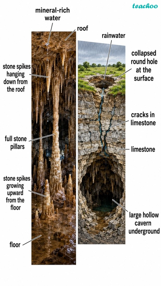 Underground water effects shown in two parts: (1) deposition building stalactites, stalagmites and pillars; (2) solution hollowing out caves and sinkholes; no text.