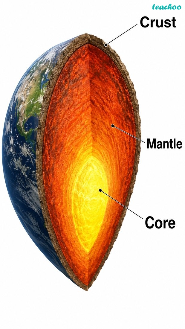 Fig. 2.1 — Earth’s interior shown in cutaway, clearly displaying crust, mantle and core as the three main layers; no extra text inside the image.