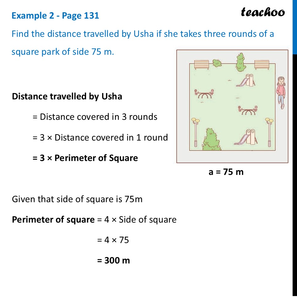 Find the distance travelled by Usha if she takes three rounds of a - Perimeter of Rectangle, Square, Triangle