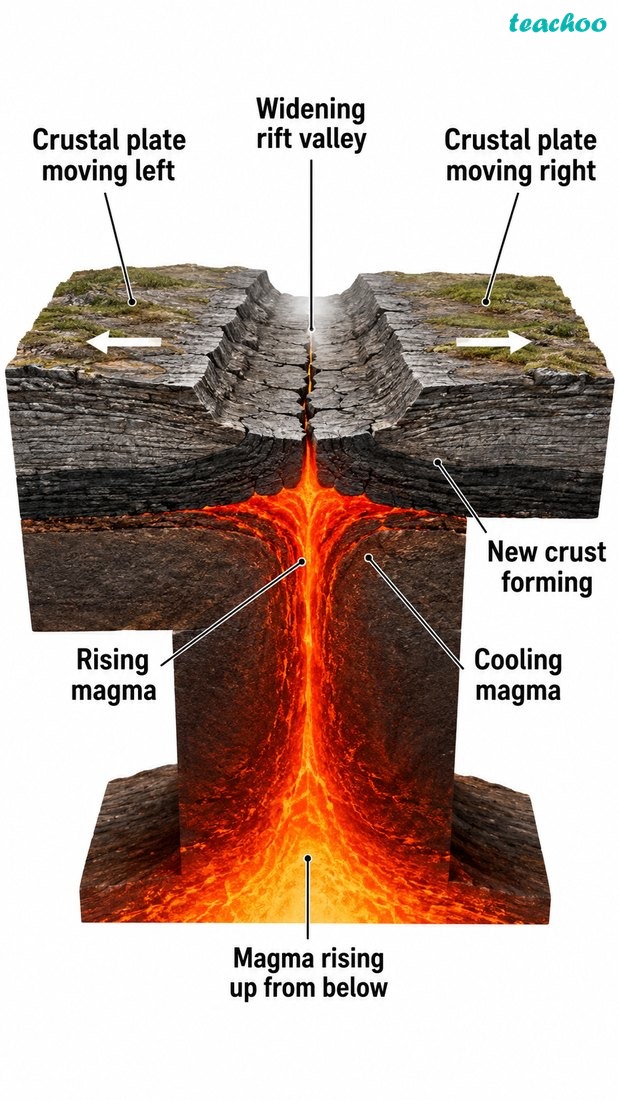 Divergent boundary shown clearly, with two plates moving apart and magma rising to create new crust; no text.