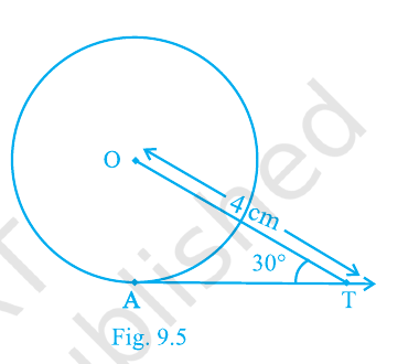 Circle with centre O, tangent AT at A, OT equal to 4 cm and angle OTA equal to 30 degrees
