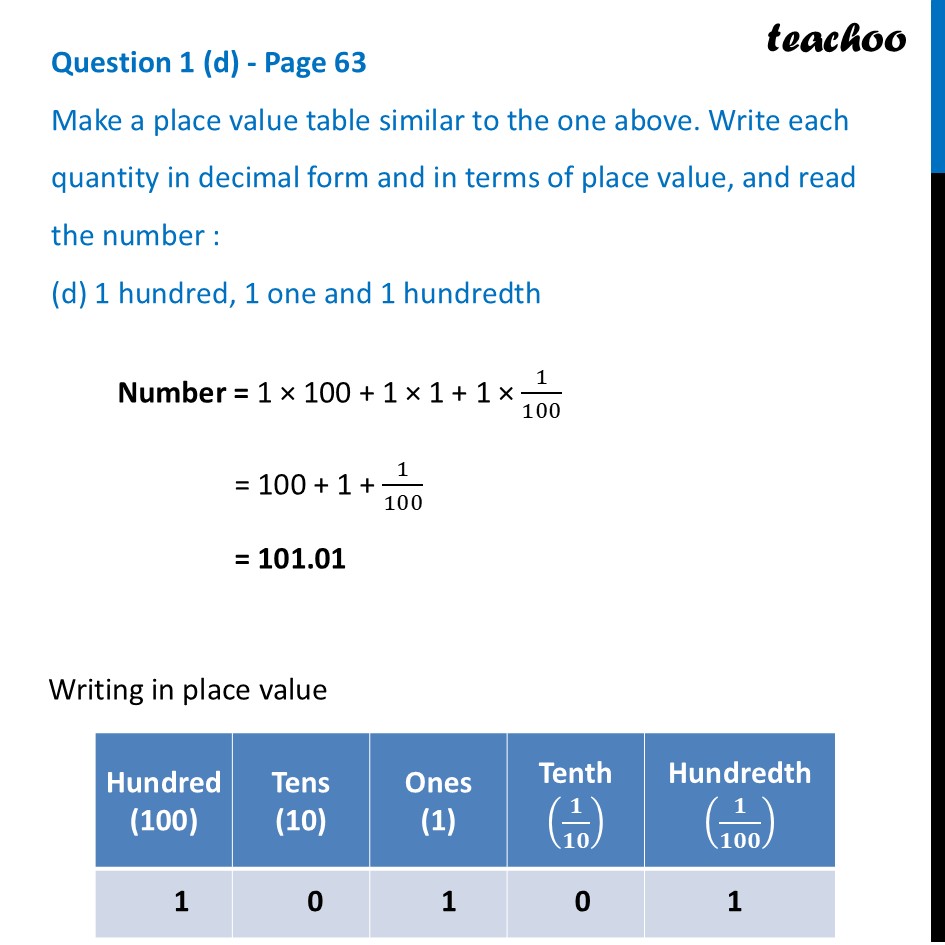 Make a place value table - (d) 1 hundred, 1 one and 1 hundredth - Reading and Writing Decimals