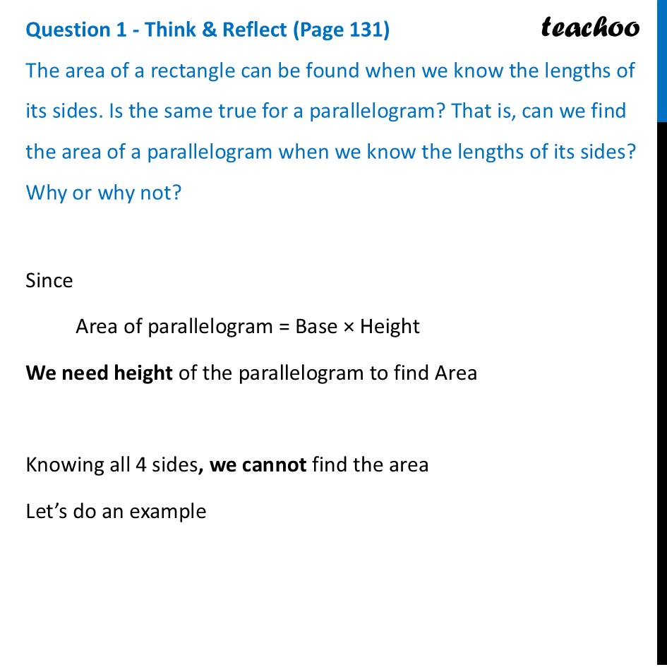 What happens if the parallelogram is ‘thin’ (Fig. 6.18) and the foot - Area of a Parallelogram