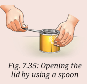Animation for "What are the classes of Levers". A short looping GIF, three or four beats, drawn in the flat classroom style of the chapter. Beat 1 — Levers can be of three classes depending upon the relative positions of effort, fulcrum and load. (Ready to Go Beyond, page 135). Label every arrow and quantity, name the direction each force or motion acts in, and hold the last frame for a moment before the loop starts again.