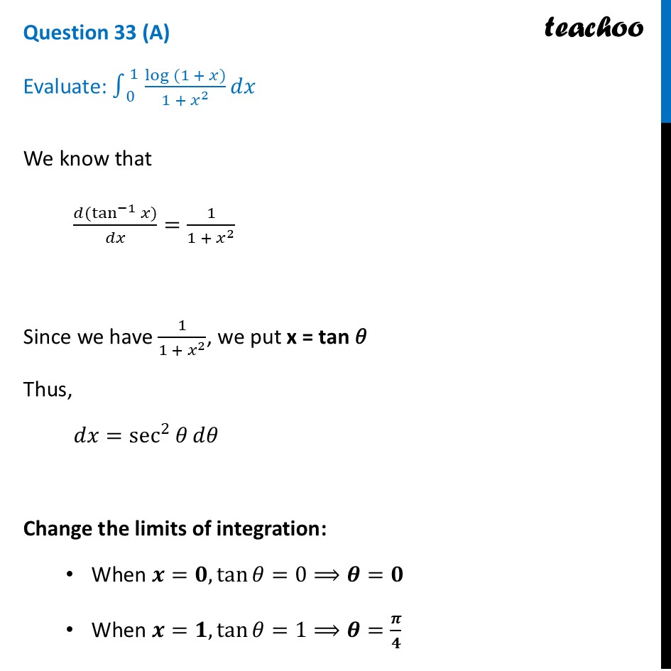 [Sample Paper Class 12] Evaluate: &int;0^1&hairsp;(log (1+𝑥))/(1+𝑥^2) 𝑑𝑥 - CBSE Class 12 Sample Paper for 2026 Boards