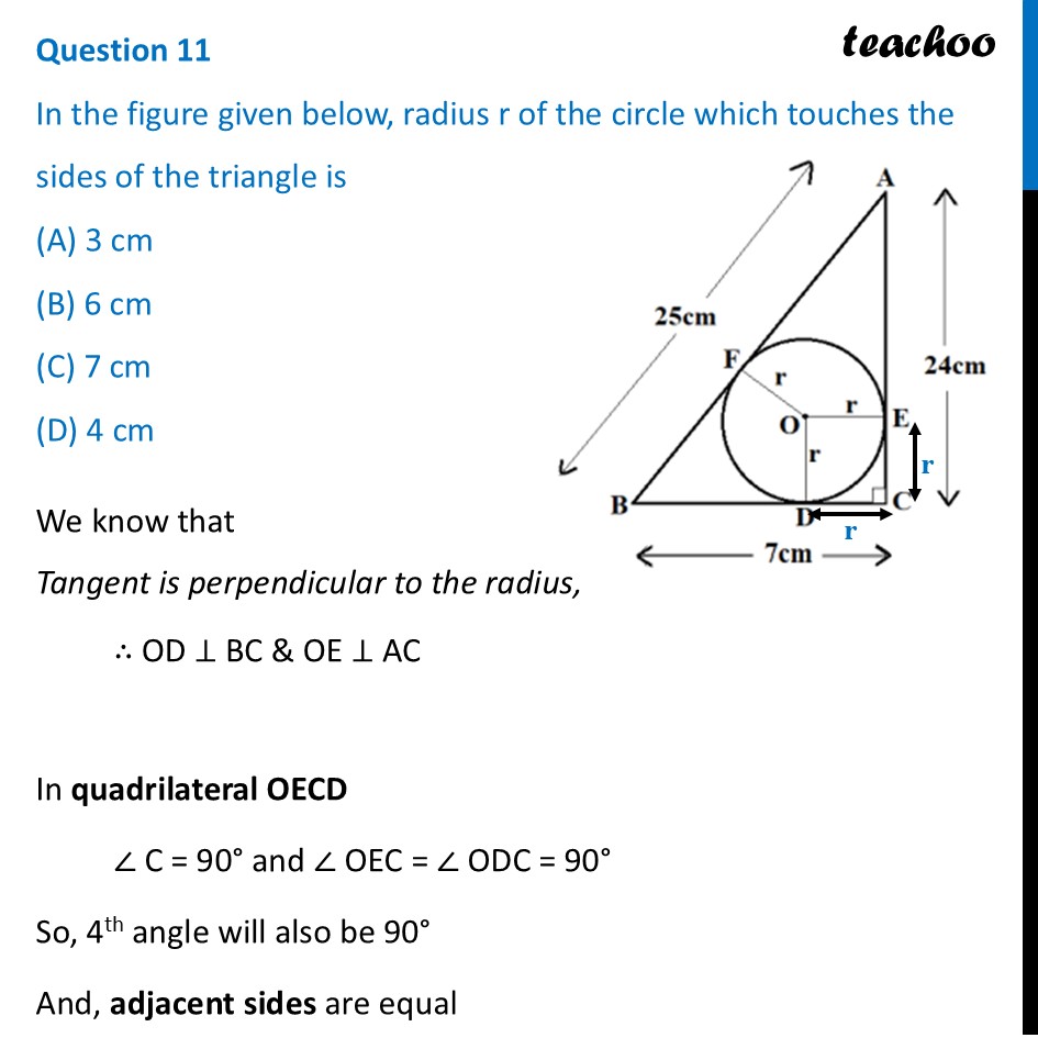In the figure given below, radius r of the circle which touches - CBSE Class 10 Sample Paper for 2026 Boards - Maths Basic