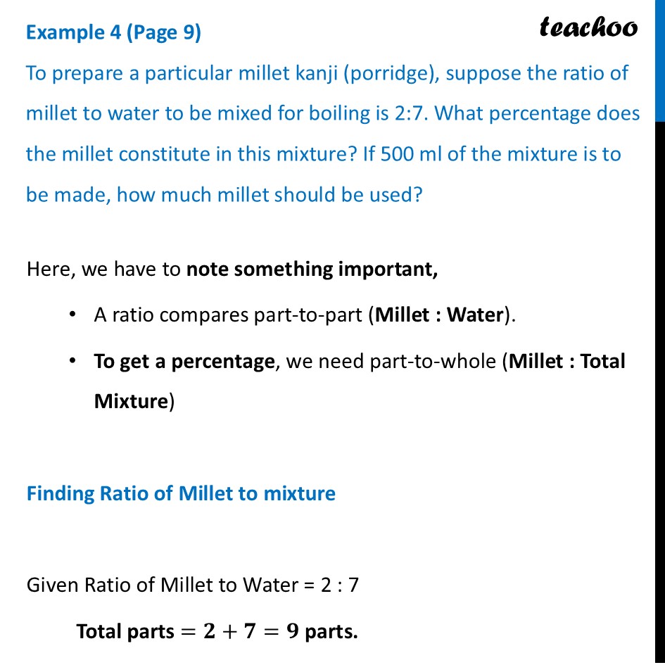 To prepare a particular millet kanji (porridge), suppose the ratio of - Fractions, Decimals, and Percentages